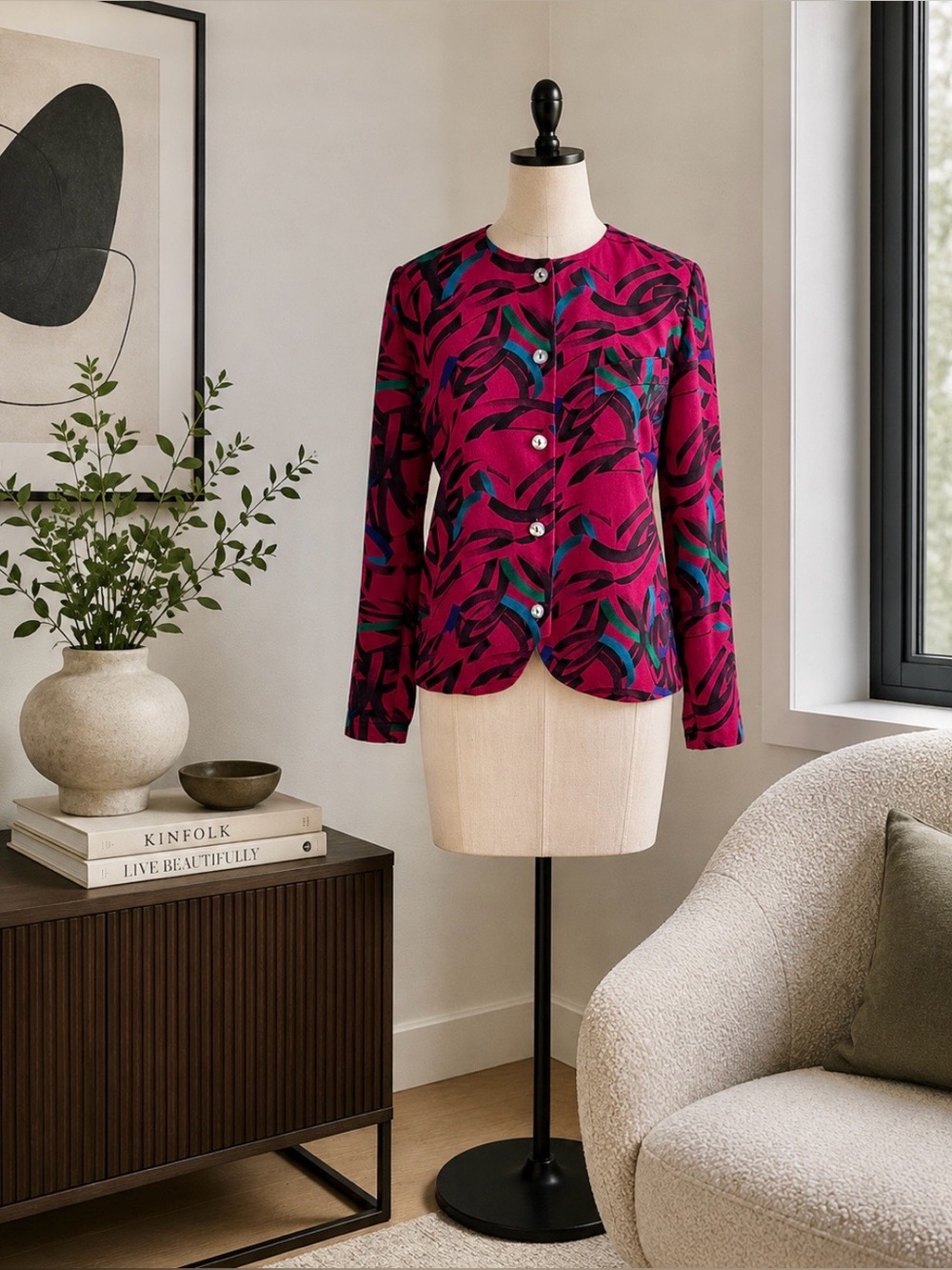 Vintage Abstract Print Mother of Pearl Button-Front Blouse